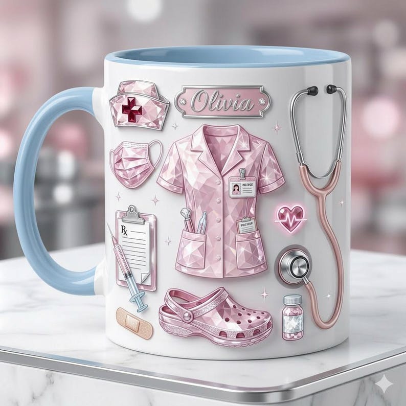 Personalized Nurse Life Faux 3D Effect Mug, Crystal Style Medical Icons, Gift For Nurses