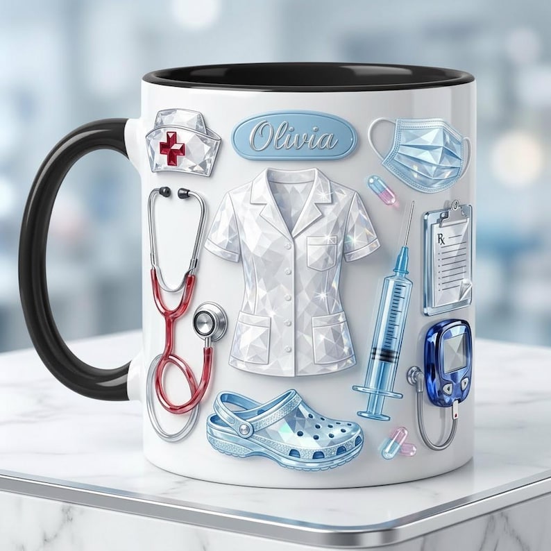 Personalized Nurse Mug Faux 3D Effect, Crystal Style Medical Icons, Gift For Nurses