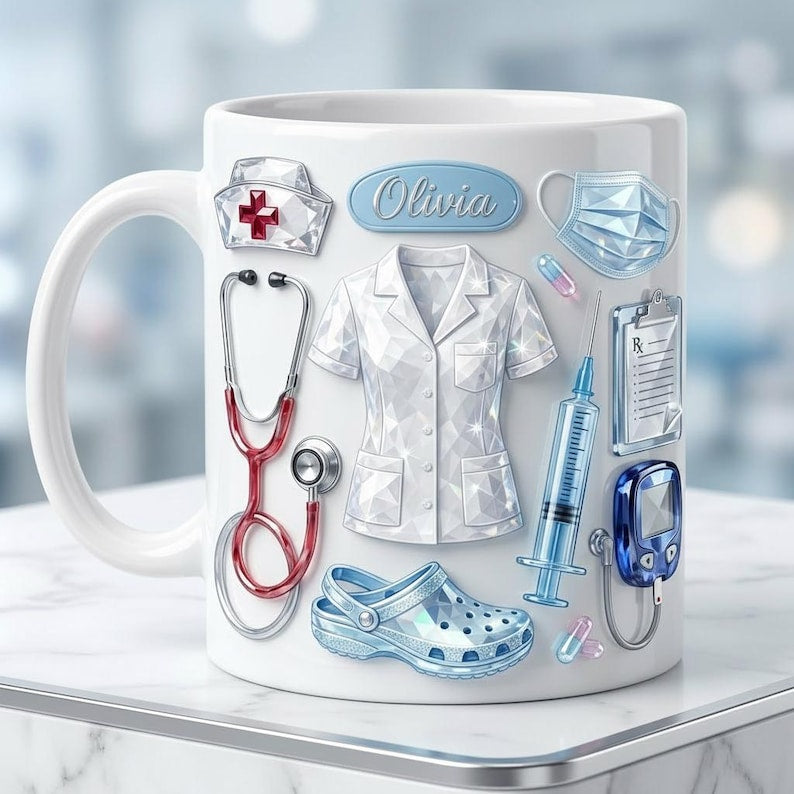 Personalized Nurse Mug Faux 3D Effect, Crystal Style Medical Icons, Gift For Nurses