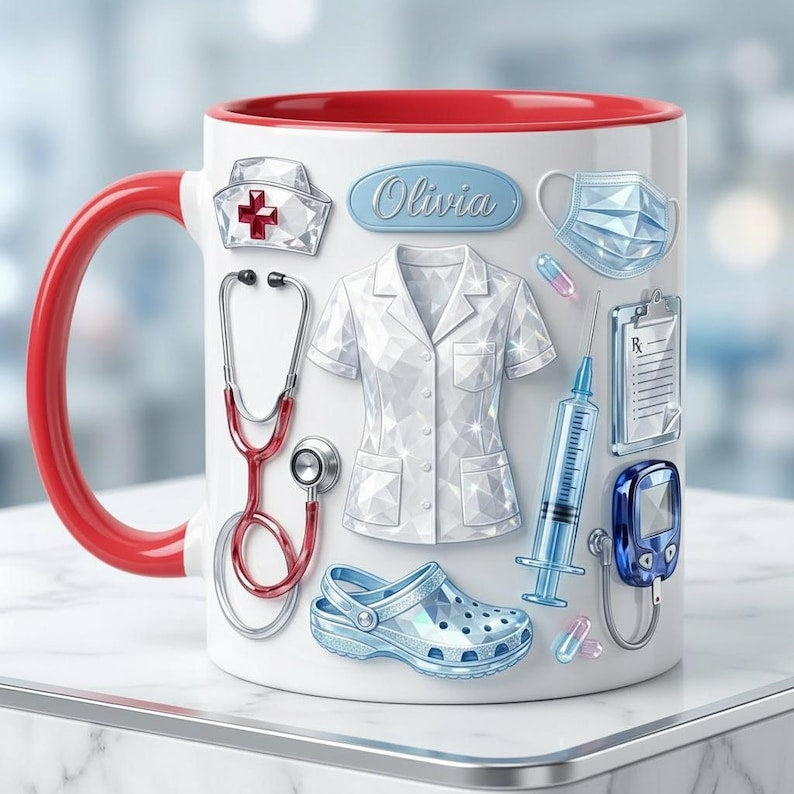 Personalized Nurse Mug Faux 3D Effect, Crystal Style Medical Icons, Gift For Nurses