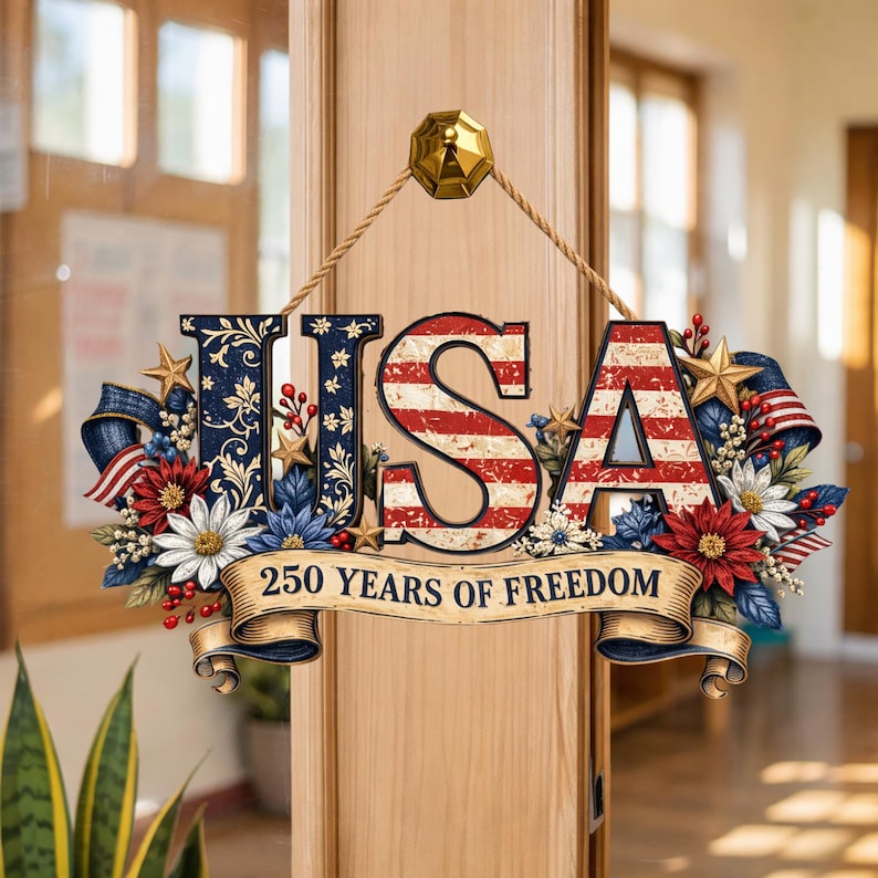 USA 250th Anniversary Wooden Sign, Patriotic Door Hanging Decor, American Flag Floral Wall Sign, 250 Years Of Freedom Independence Day Sign