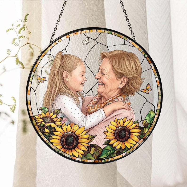 Personalized Photo Portrait Mom Stained Glass Suncatcher, Grandma & Grandkids Image