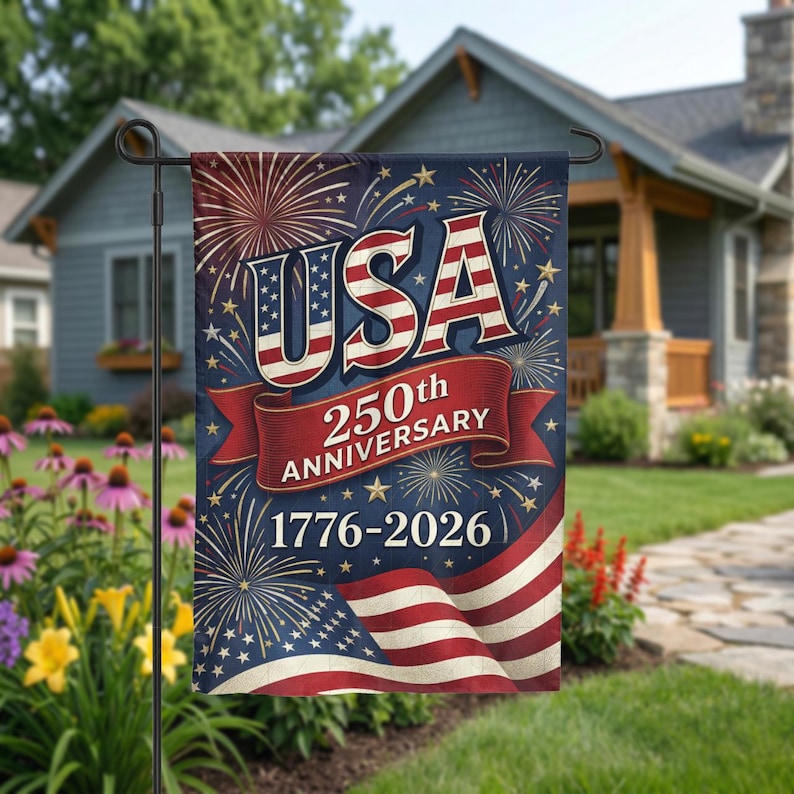 USA 250th Anniversary Garden Flag, 1776-2026 Patriotic Outdoor Decor, American Semiquincentennial Yard Banner, Fireworks & Flag Design