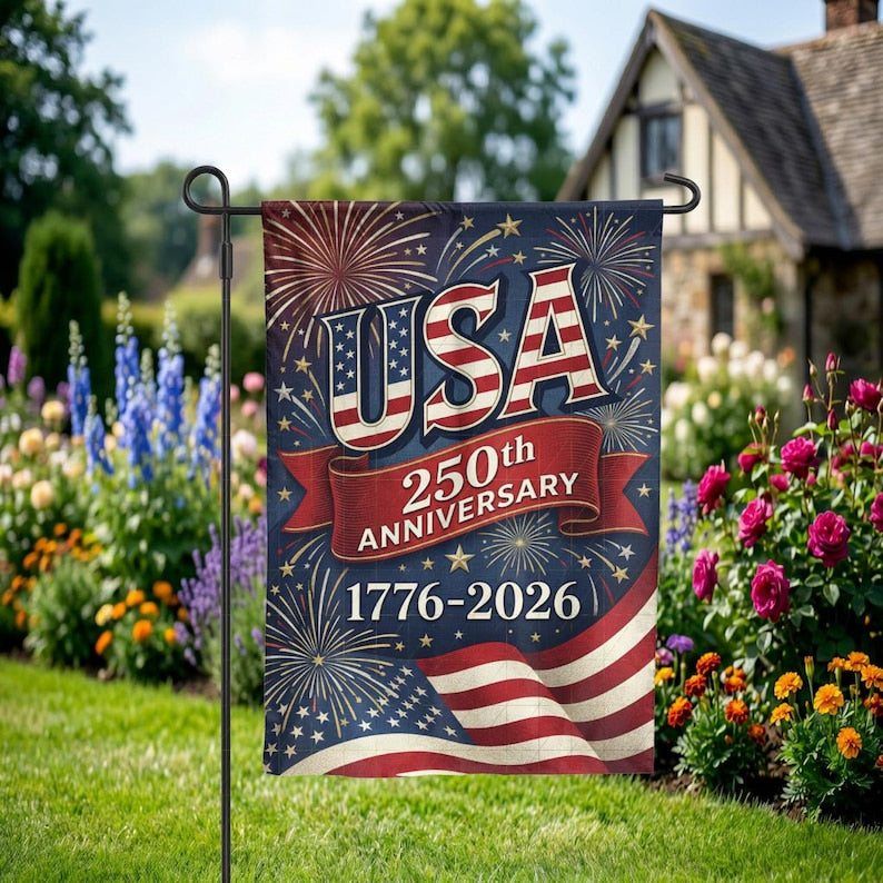 USA 250th Anniversary Garden Flag, 1776-2026 Patriotic Outdoor Decor, American Semiquincentennial Yard Banner, Fireworks & Flag Design