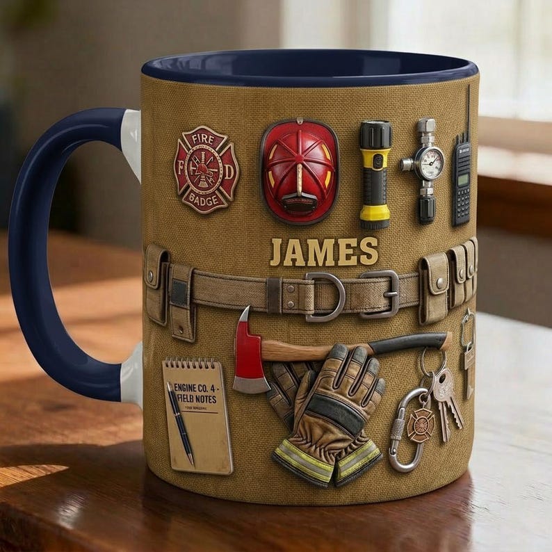 Personalized Firefighter Faux 3D Accent Mug, Fire Rescue Stuff Cup, Proud Fireman