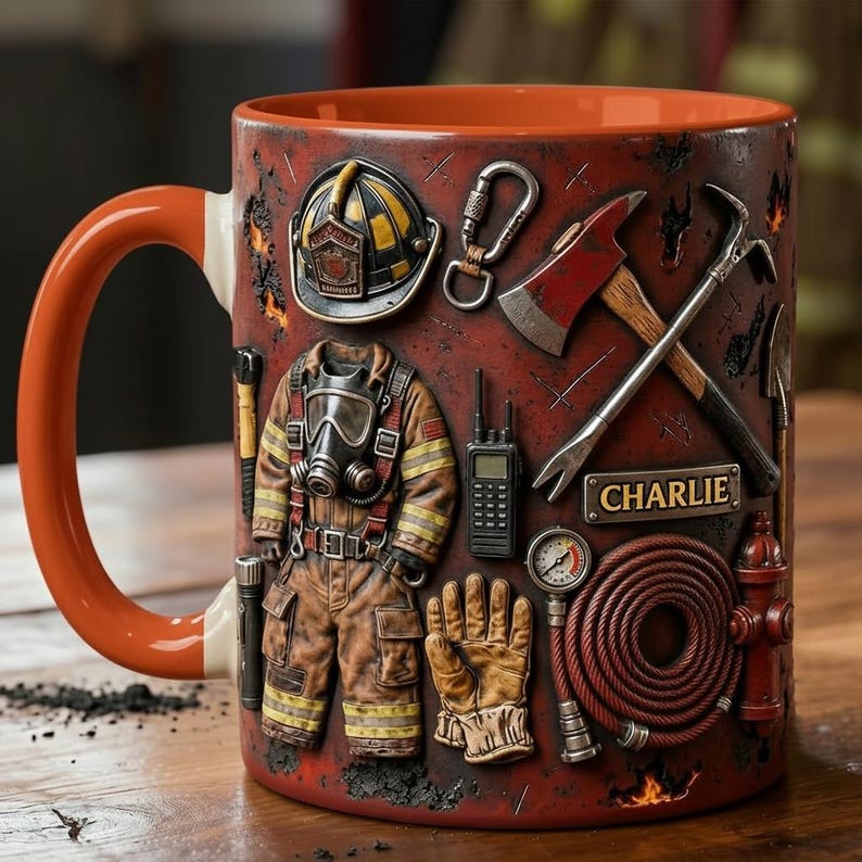 Personalized Firefighter Accent Mug, Fire Rescue Stuff Cup, Proud Fireman, Faux 3D Effect