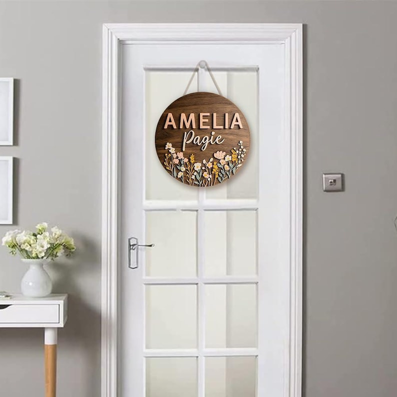 Personalized Floral Nursery Name Sign - Custom Round Wooden Plaque with Wildflowers Pastel Flowers - Boho Baby Girl Room Decor, Newborn