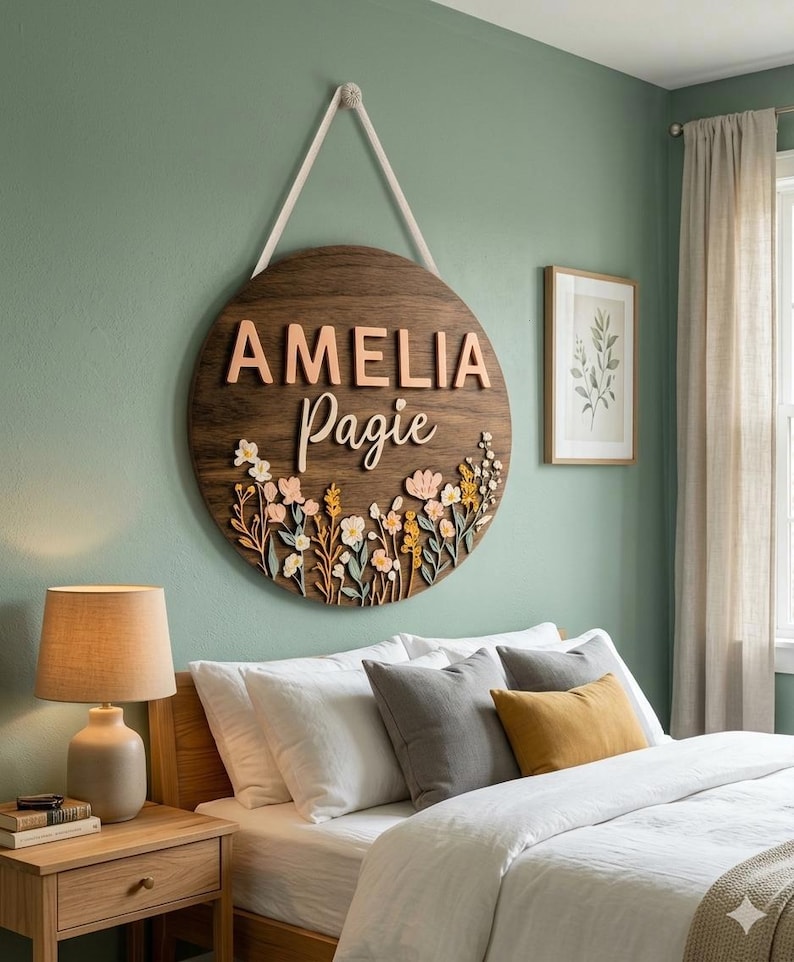 Personalized Floral Nursery Name Sign - Custom Round Wooden Plaque with Wildflowers Pastel Flowers - Boho Baby Girl Room Decor, Newborn
