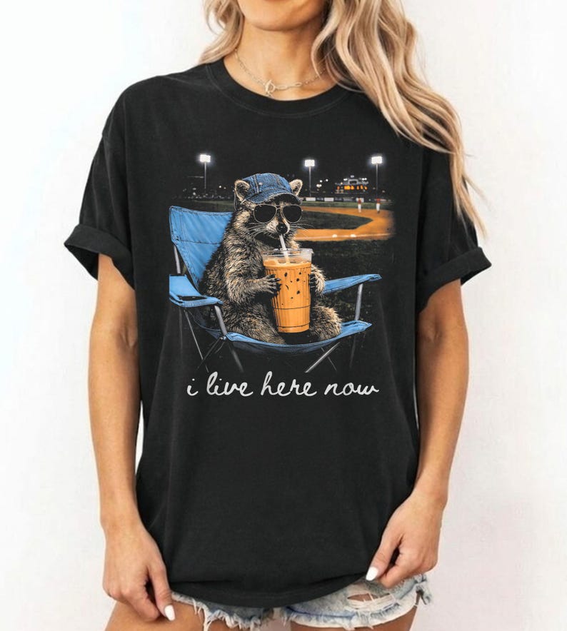 Retro I Live Here Now Raccoon Shirt,Funny Raccoon Ballfield Baseball Field Tee