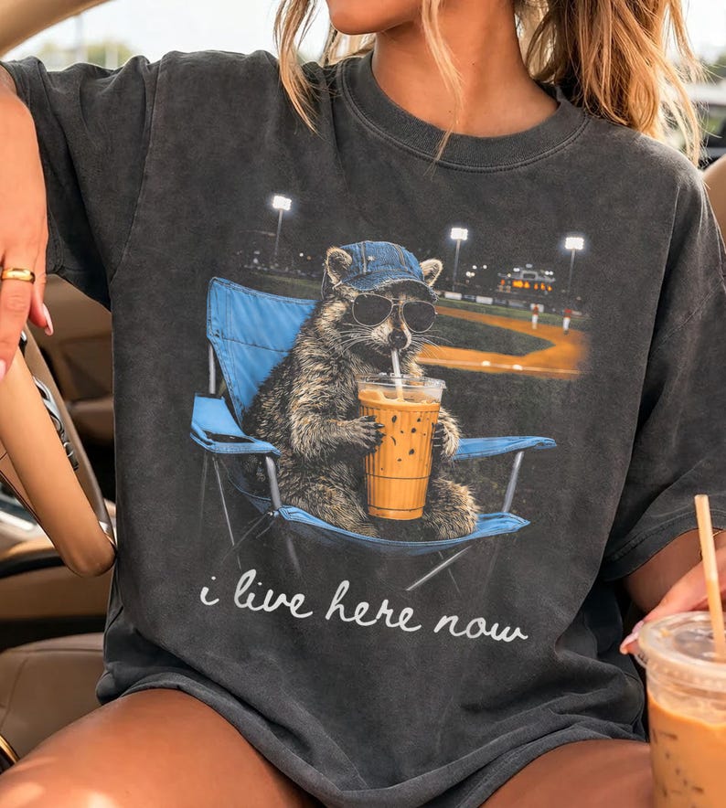 Retro I Live Here Now Raccoon Shirt,Funny Raccoon Ballfield Baseball Field Tee