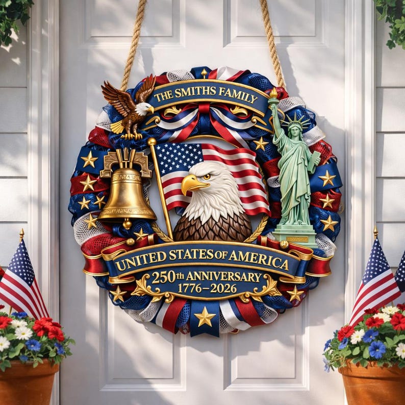 Personalized American 250th Anniversary Wood Wreath For Door Hanging, 1776-2026 Patriotic Door Sign, Family Name Decor