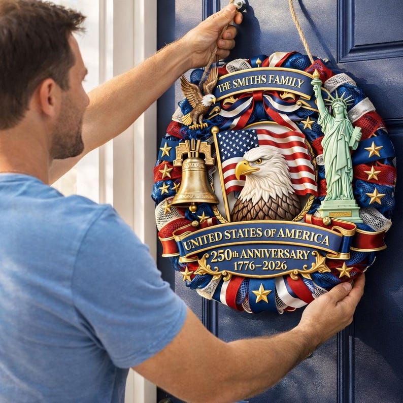 Personalized American 250th Anniversary Wood Wreath For Door Hanging, 1776-2026 Patriotic Door Sign, Family Name Decor