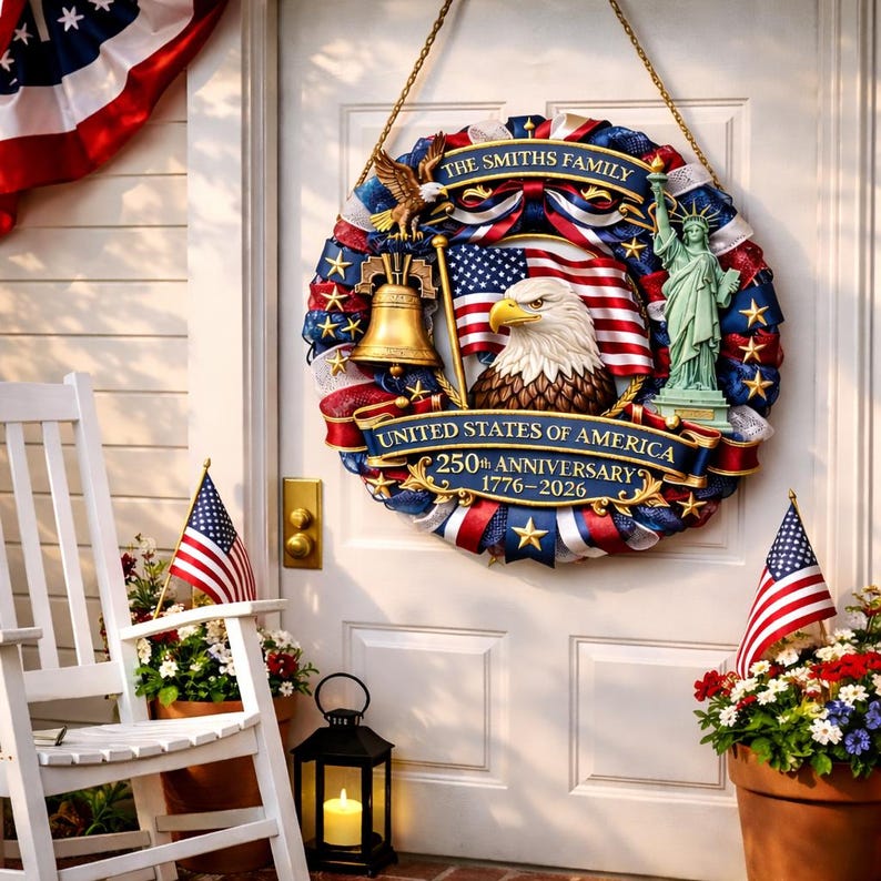 Personalized American 250th Anniversary Wood Wreath For Door Hanging, 1776-2026 Patriotic Door Sign, Family Name Decor