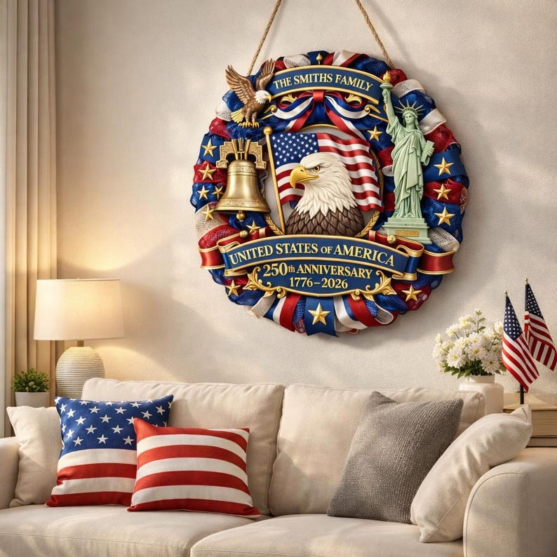 Personalized American 250th Anniversary Wood Wreath For Door Hanging, 1776-2026 Patriotic Door Sign, Family Name Decor