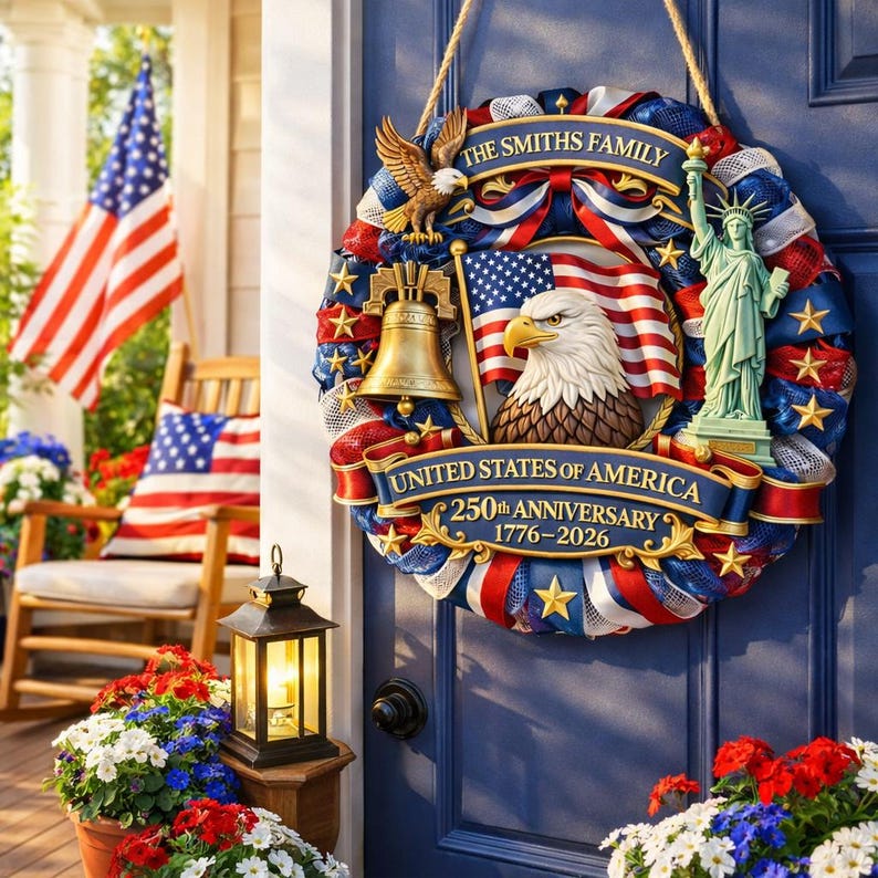 Personalized American 250th Anniversary Wood Wreath For Door Hanging, 1776-2026 Patriotic Door Sign, Family Name Decor