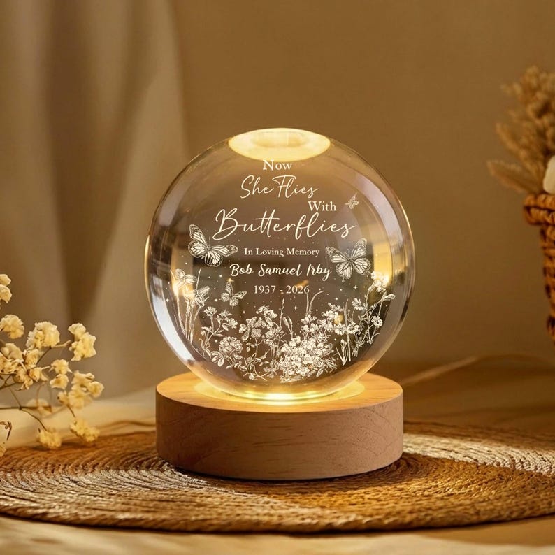 Now She Flies With Butterflies Memorial Crystal Ball Night Light, Loss of Mother Gift