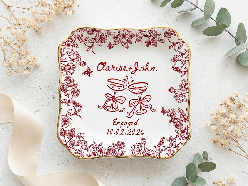 Personalized Engagement Ring Dish, Custom Couple Name Trinket Dish, Bridal Shower Gift