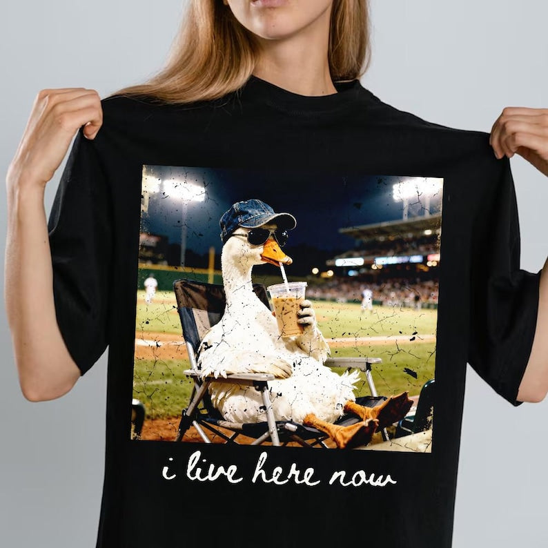 I live here now Goose Ballfield T-Shirt, Baseball Mama Style, Travel Baseball Shirt Tournament, Softball Ball Mom Tee