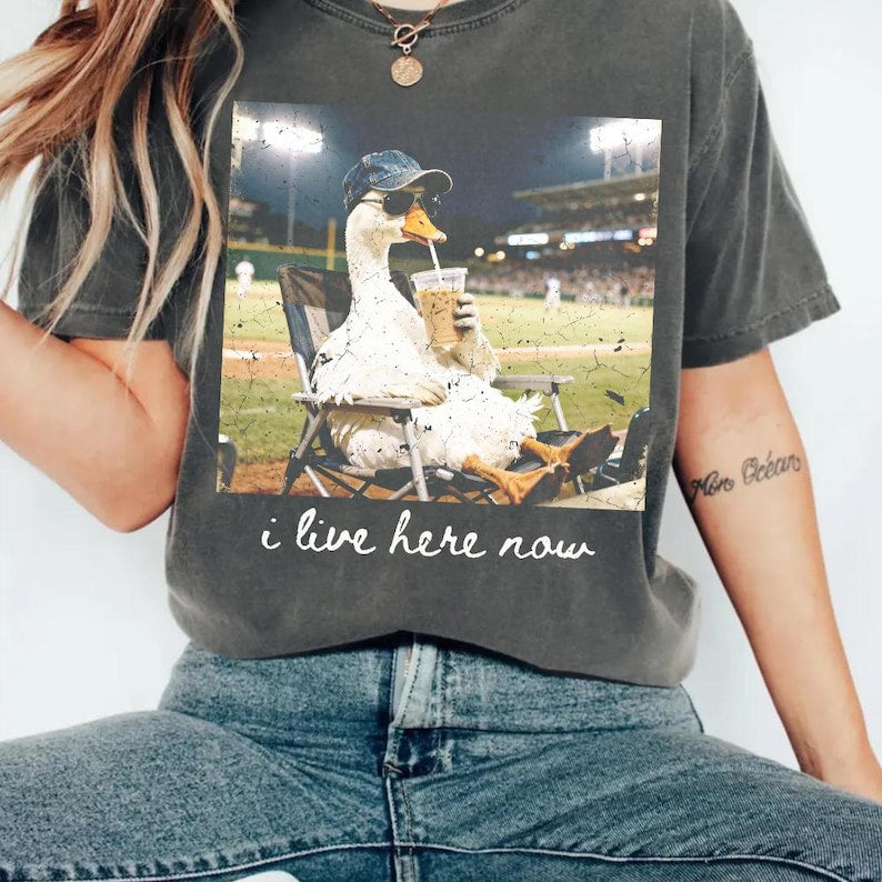 I live here now Goose Ballfield T-Shirt, Baseball Mama Style, Travel Baseball Shirt Tournament, Softball Ball Mom Tee