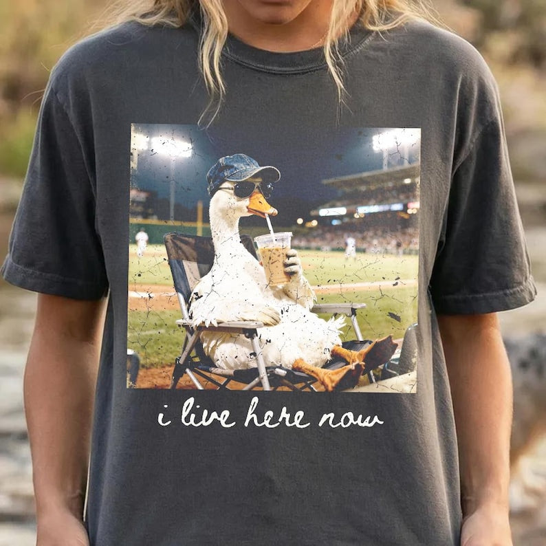 I live here now Goose Ballfield T-Shirt, Baseball Mama Style, Travel Baseball Shirt Tournament, Softball Ball Mom Tee