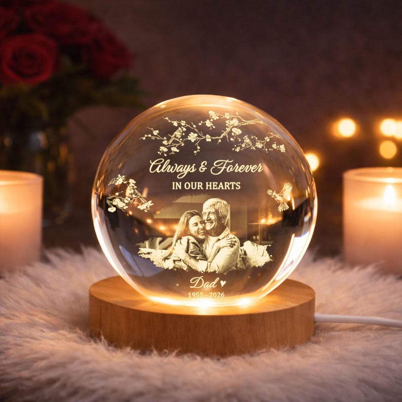 Personalized Photo Memorial Crystal Ball Night Light, Memorial Gift For Loss Of Father/ Mom