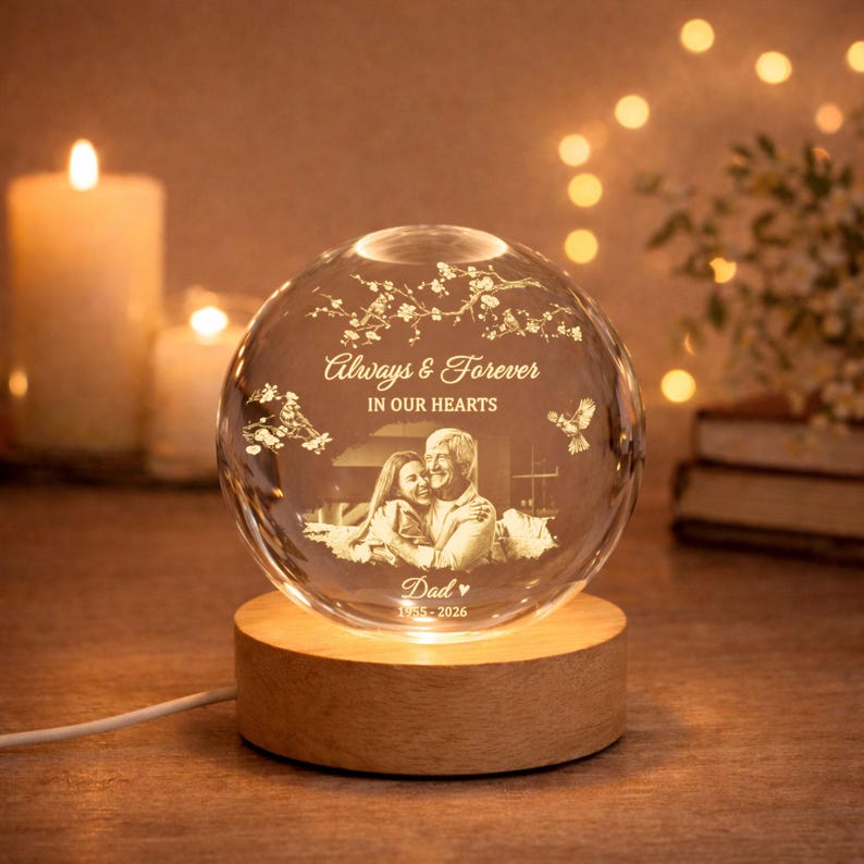 Personalized Photo Memorial Crystal Ball Night Light, Memorial Gift For Loss Of Father/ Mom
