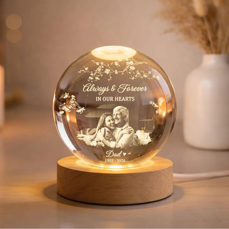 Personalized Photo Memorial Crystal Ball Night Light, Memorial Gift For Loss Of Father/ Mom