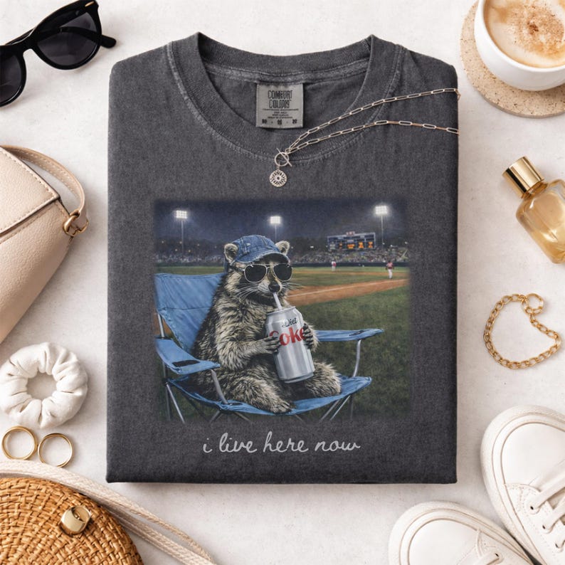 Racoon Drinking Diet Coke Funny Ballfield Dark Shirt, Travel Baseball Tournament