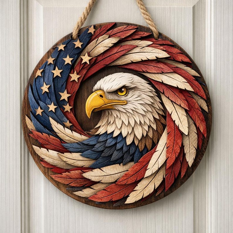 USA 250th Anniversary Wooden Sign, Patriotic Eagle Door Sign, Patriotic Door Hanging Decor, Fourth of July American Door Hanger