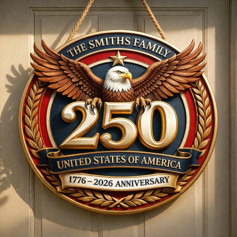 Personalized America 250th Anniversary Patriotuc Eagle Door Hanger, Custom Family Name Patriotic Sign, USA 1776–2026 Wall Decor