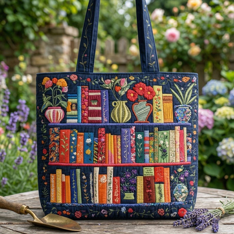 Book Lover Quilt Tote Bag, Floral Open Book Quilted Tote, Library Book Patchwork Tote Bag, Bookish Market Bag for Readers
