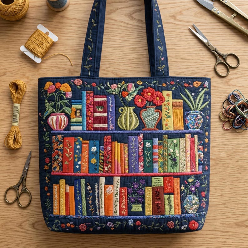 Book Lover Quilt Tote Bag, Floral Open Book Quilted Tote, Library Book Patchwork Tote Bag, Bookish Market Bag for Readers
