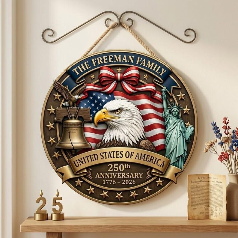 Personalized USA 250th Anniversary Wood Sign, Patriotic Family Name Door Hanger, 1776-2026 American Decor