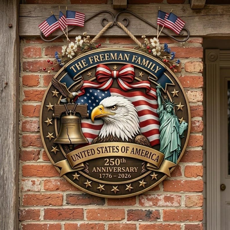 Personalized USA 250th Anniversary Wood Sign, Patriotic Family Name Door Hanger, 1776-2026 American Decor