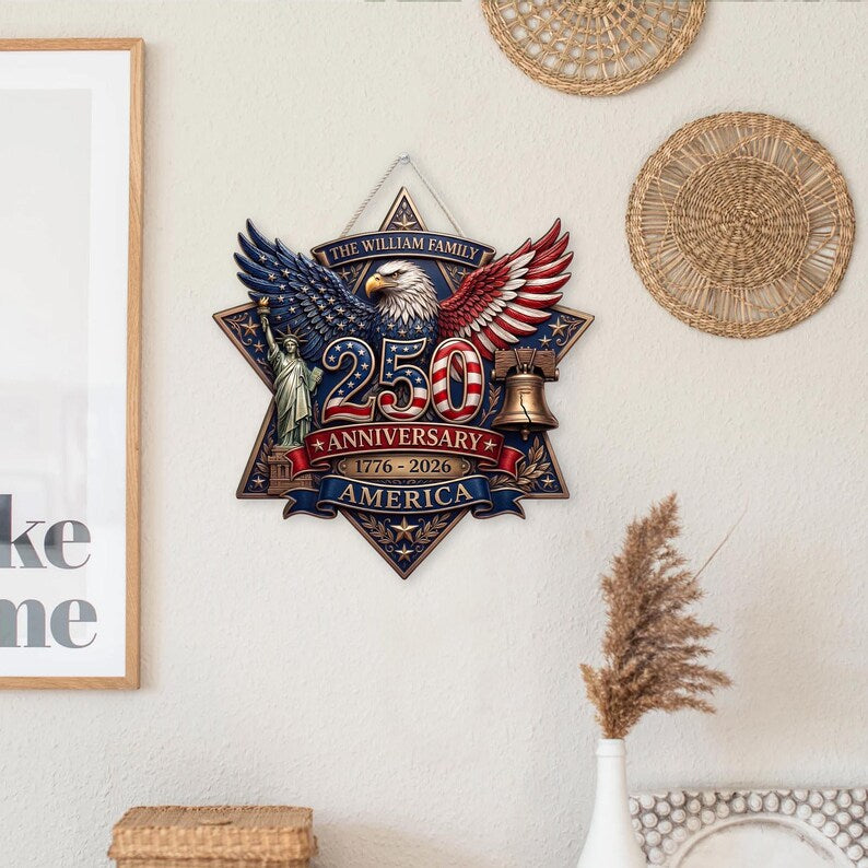 Personalized America 250 Anniversary Wooden Door Hanger, Patriotic Eagle Custom Family Name Door Sign, 1776 2026 Front Door Decor