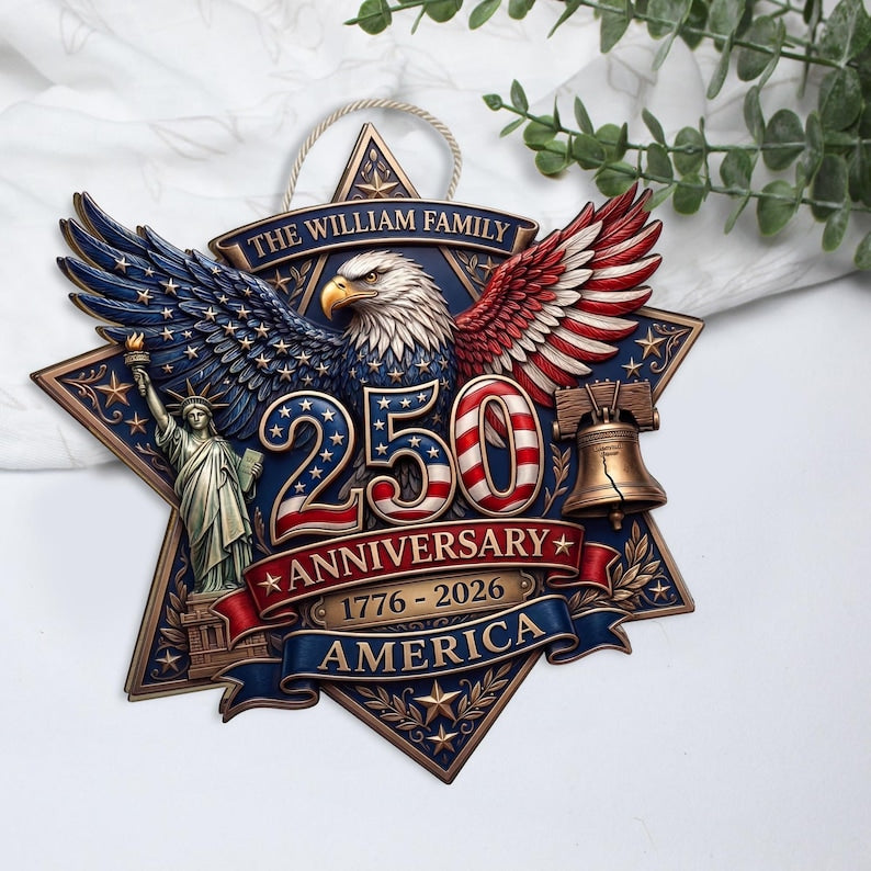 Personalized America 250 Anniversary Wooden Door Hanger, Patriotic Eagle Custom Family Name Door Sign, 1776 2026 Front Door Decor