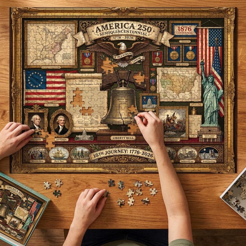 America 250th Anniversary Puzzle, Liberty Bell Patriotic Jigsaw, Vintage US History Collage