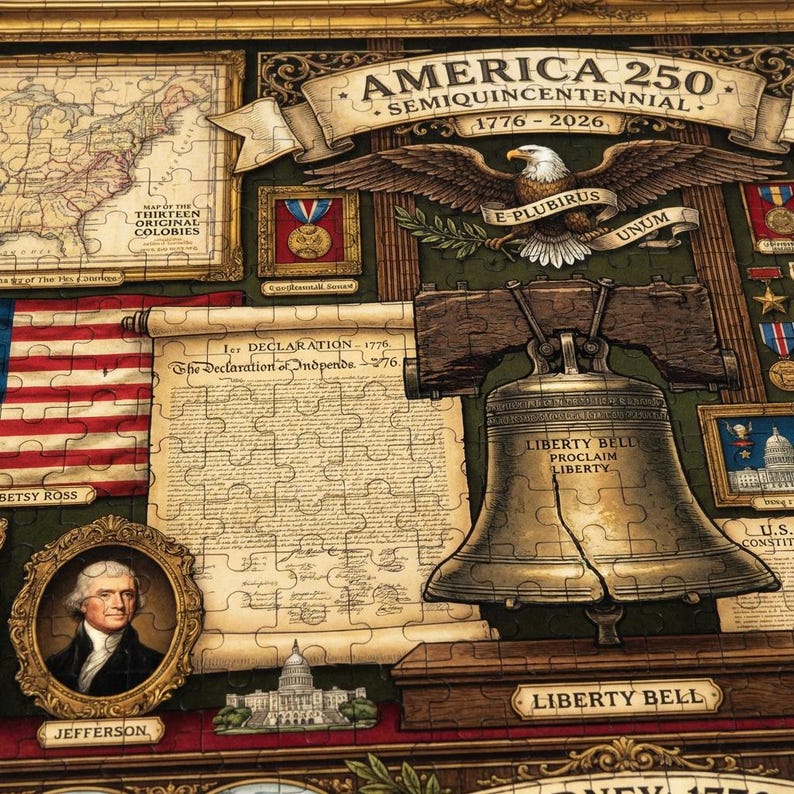 America 250th Anniversary Puzzle, Liberty Bell Patriotic Jigsaw, Vintage US History Collage