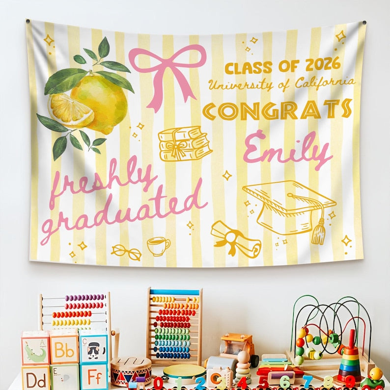 Custom Freshly Graduated, 2026 Graduation Backdrop, Graduation Party Decorations, Class of 2026 Sign, Graduation Party Welcome Tapestry