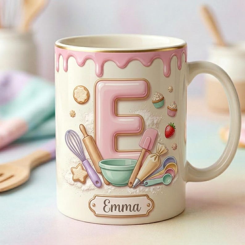 Custom Name Baker Mug, Personalized Mug For Baker, Faux 3D Effect Baking Tools Design, Kitchen Gift