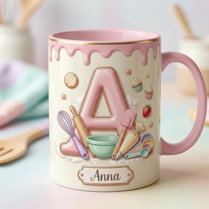 Custom Name Baker Mug, Personalized Mug For Baker, Faux 3D Effect Baking Tools Design, Kitchen Gift
