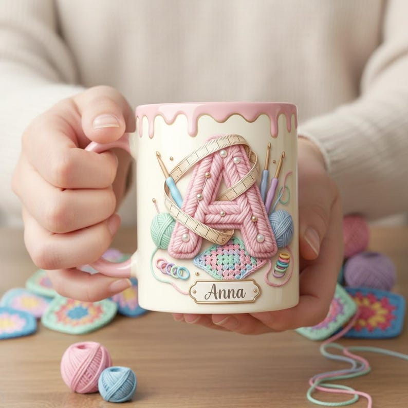 Custom Name Crochet Lover Mug, Faux 3D Effect Accent Mug, Gift For Crochet Lovers