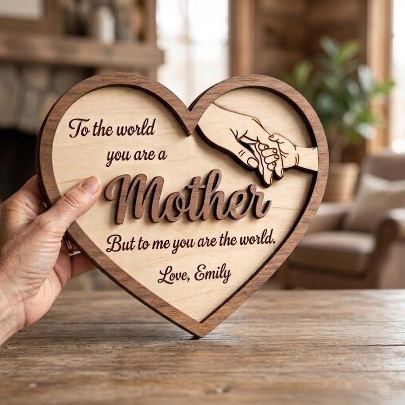 Personalized Wooden Heart Sign, Mother Gift, Engraved Mom Plaque, Custom Name Sign, Holding Hands Design, Mother’s Day Gift, Family Keepsake