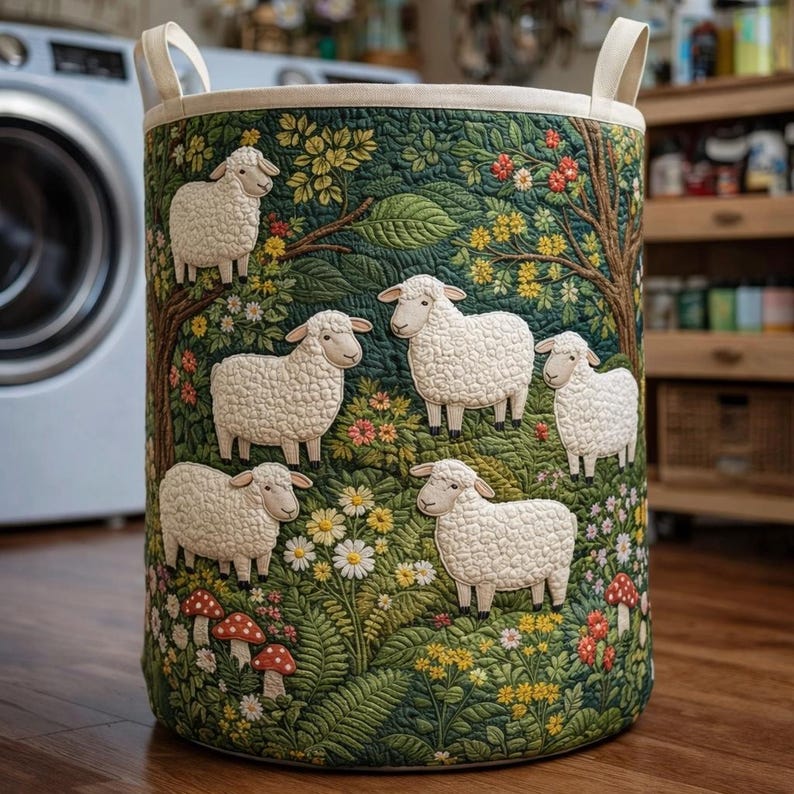 Floral Sheep Quilted Laundry Basket, Rustic Storage Hamper, Farmhouse Decor, Gift for Sheep Lovers