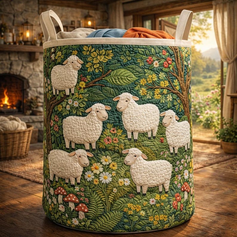 Floral Sheep Quilted Laundry Basket, Rustic Storage Hamper, Farmhouse Decor, Gift for Sheep Lovers