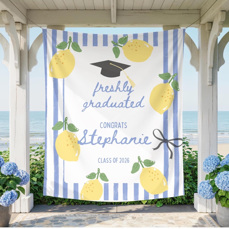 Freshly Graduated Banner, Lemon Graduation Party Decor, Class of 2026 Tapestry, Personalized Grad Backdrop, Preppy Graduation Sign