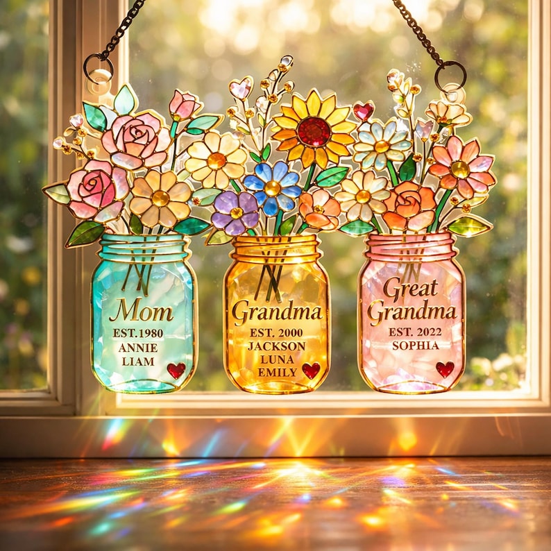 Personalized Generations Floral Jar Suncatcher, Mom Grandma Great Grandma Flower