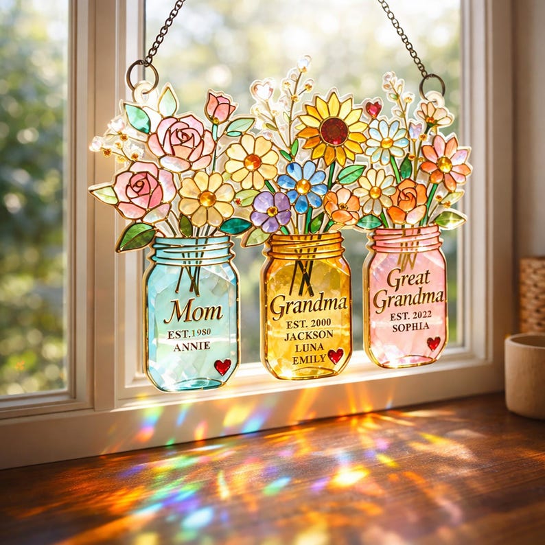 Personalized Generations Floral Jar Suncatcher, Mom Grandma Great Grandma Flower