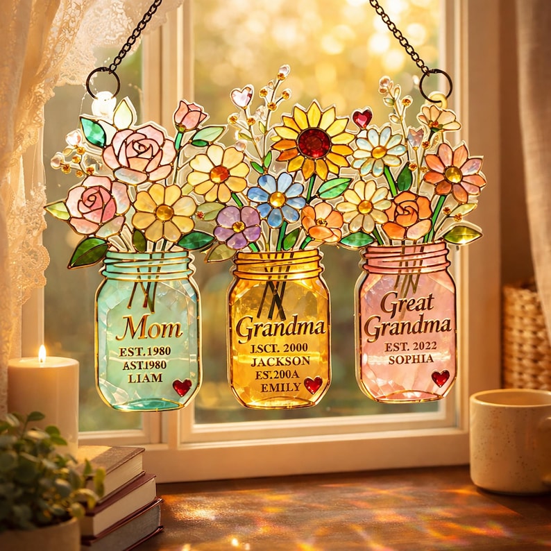 Personalized Generations Floral Jar Suncatcher, Mom Grandma Great Grandma Flower