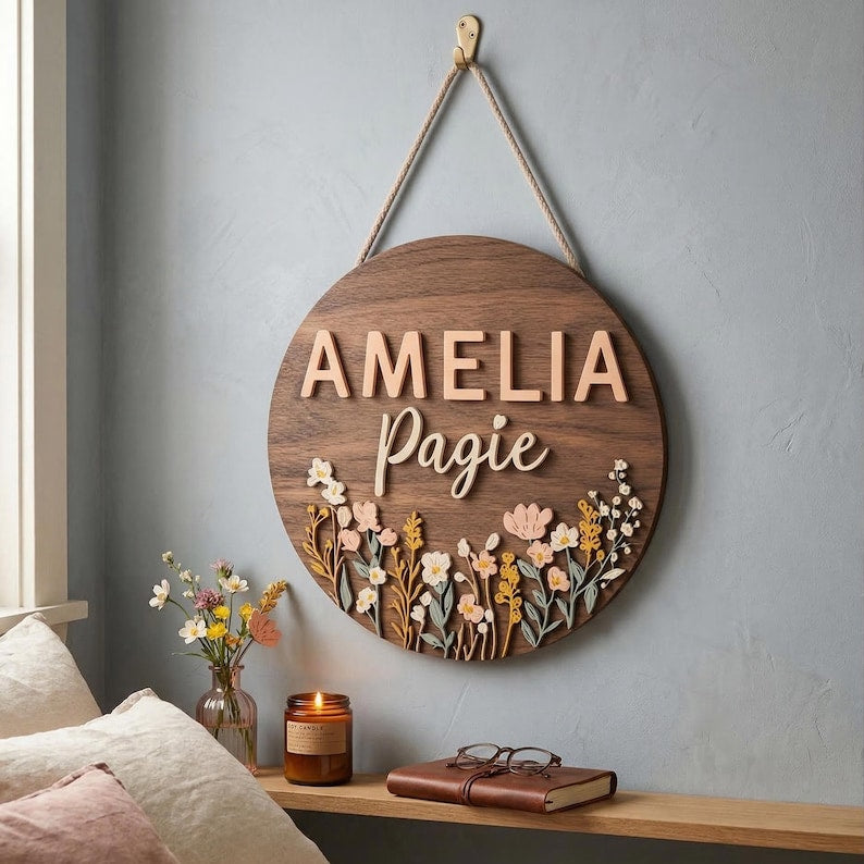 Personalized Floral Nursery Name Sign - Custom Round Wooden Plaque with Wildflowers Pastel Flowers - Boho Baby Girl Room Decor, Newborn